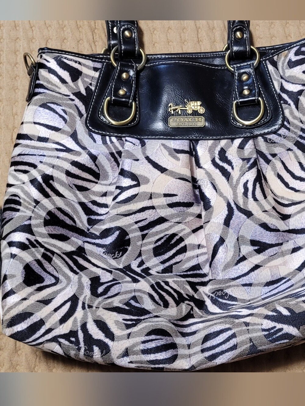 Coach Black and Cream Signature Shoulder Tote